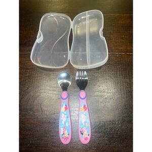 Disney Minnie Mouse Toddler Utensil Set‎ Spoon Fork Travel Case Pink Blue
